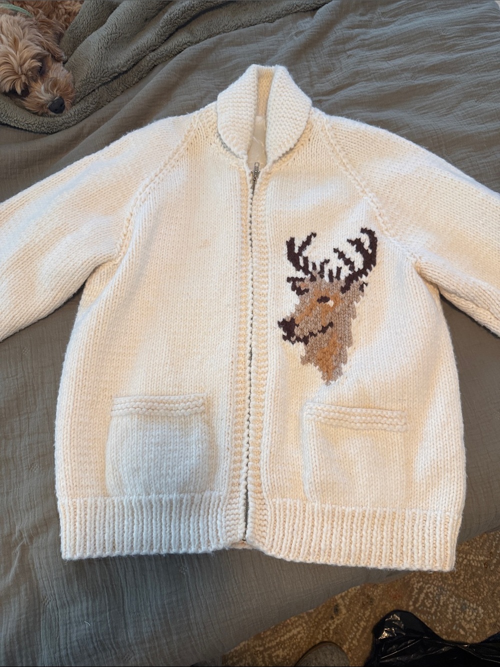 RARE - Vintage Cowichan Sweater Cream Zip-Up Sweater Jacket with Deer Motif
